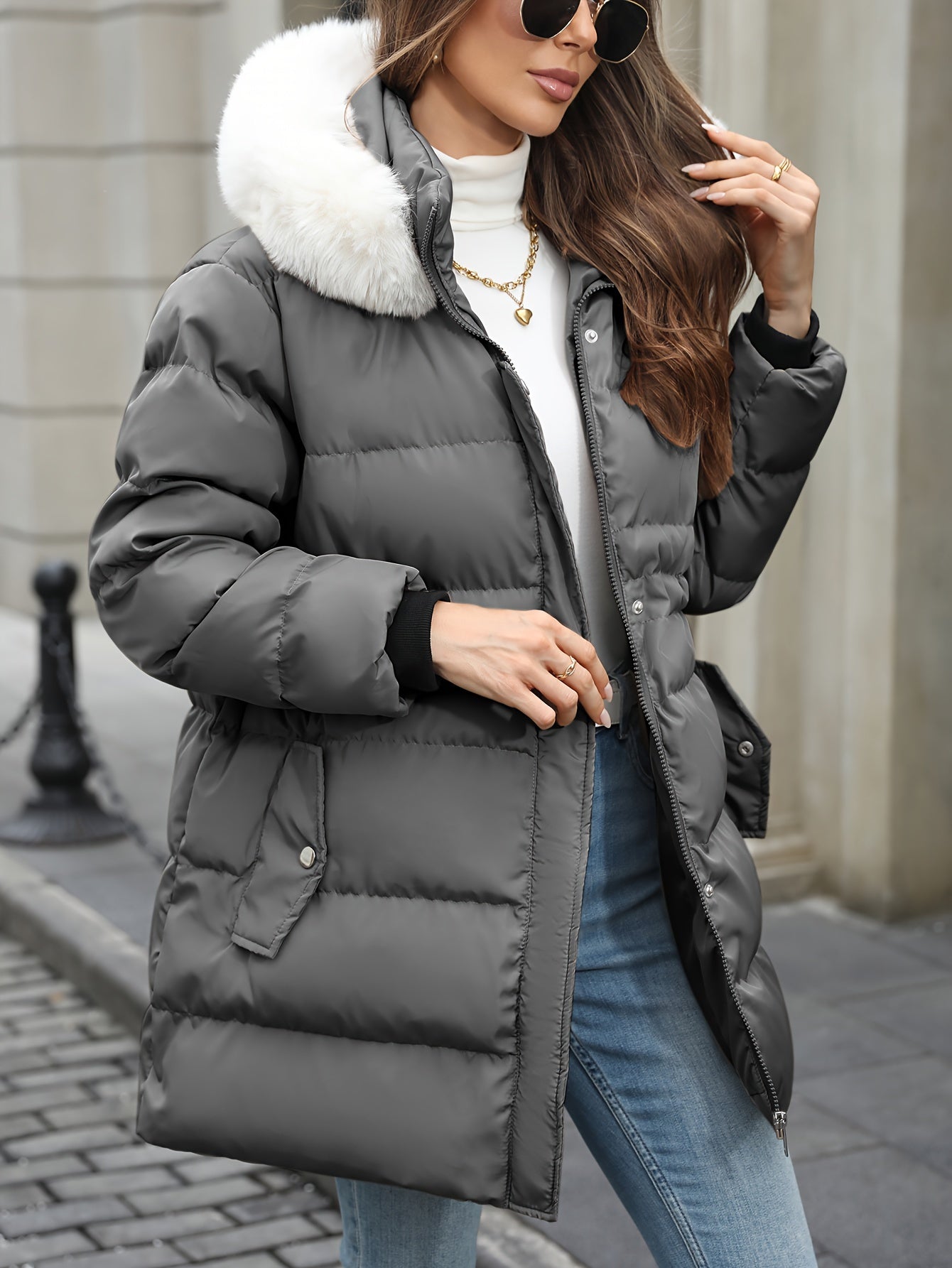 Gislaine | Doudoune Femme Zippée avec Capuche en Fourrure | Veste Hiver Chaude Matelassée
