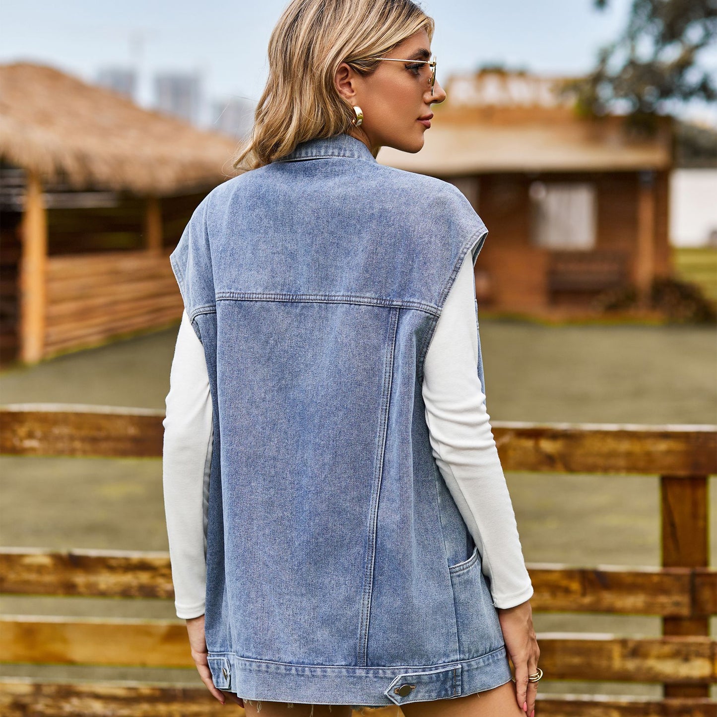 Jouvence | Gilet Long Sans Manches Femme en Jean avec Col Revers et Poches Latérales Modernes