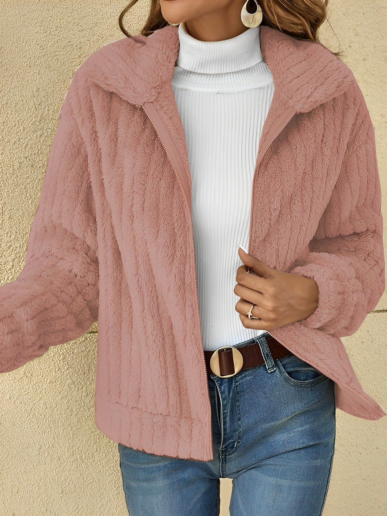 Estée | Teddy Jacket Femme Courte Zippée à Col Revers Chic et Confortable