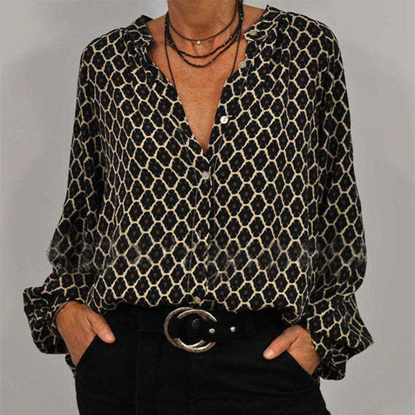 Esthélia | Blouse Femme Manches Longues Col V Motif Géométrique Coupe Ample