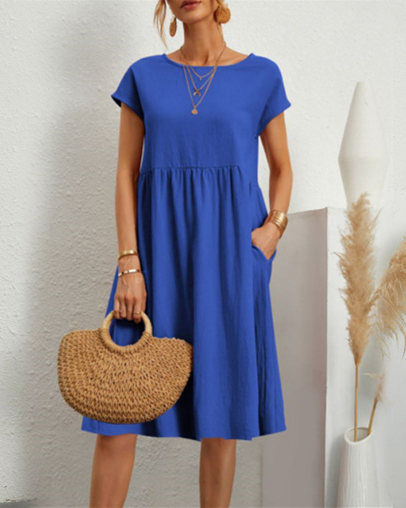 Raphaëlle | Robe Midi Femme Confortable Col Rond Poches Latérales Couleur Unie