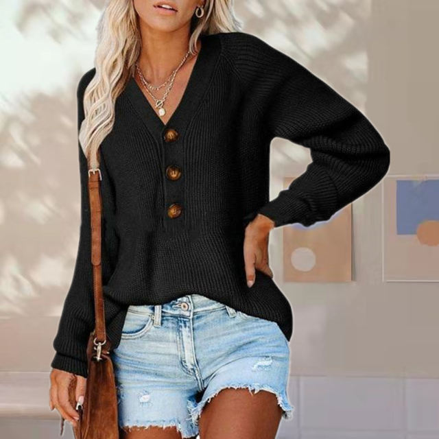 Euphrasie | Pull Femme Décontracté à Col V Boutonné en Maille Unie