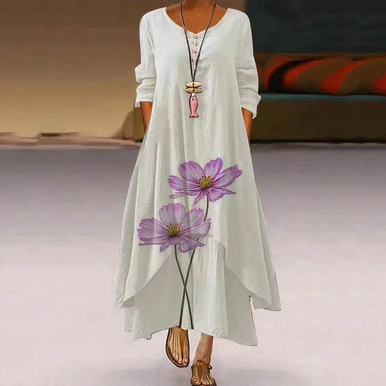 Saphirine | Robe Longue en Coton à Manches Longues – Imprimé Floral Élégant – Style Estival et Respirant