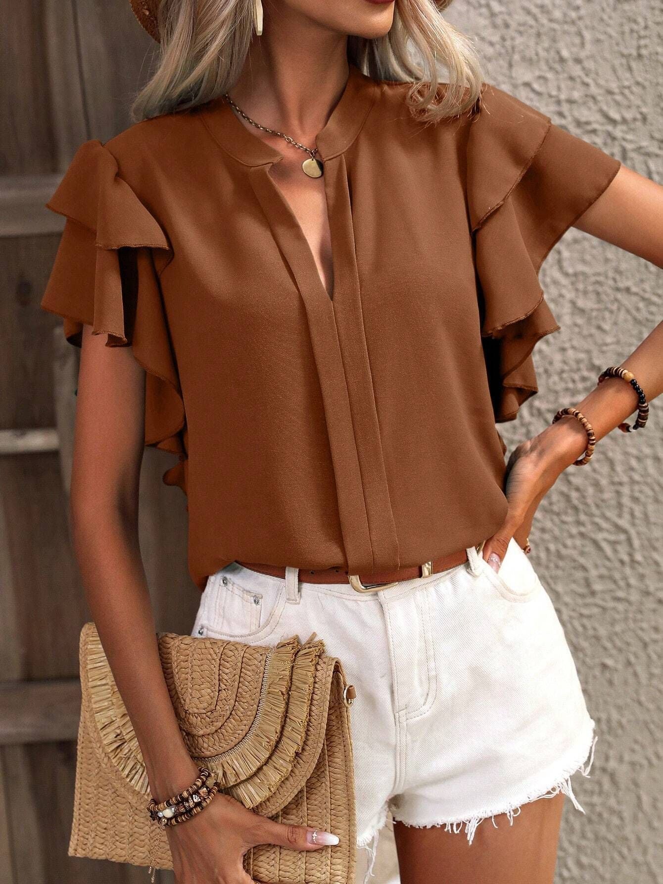 Miralys | Blouse Femme Élégante à Volants et Manches Courtes avec Col V Chic