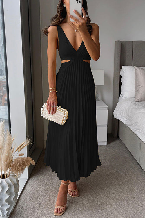 Liorane | Robe Midi Plissée Femme Décolleté Profond et Taille Découpée Élégante