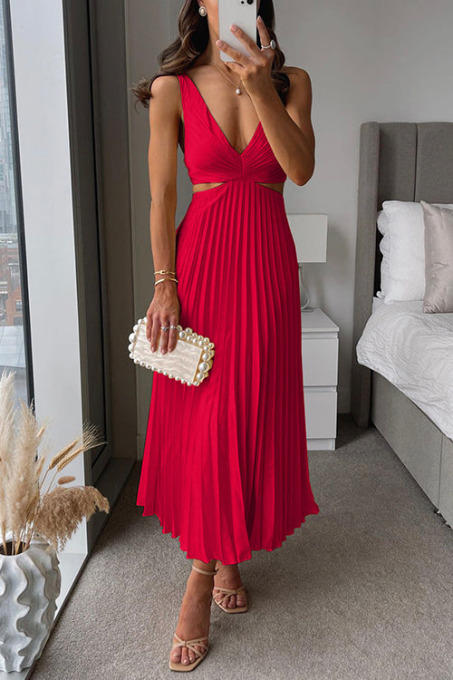 Liorane | Robe Midi Plissée Femme Décolleté Profond et Taille Découpée Élégante