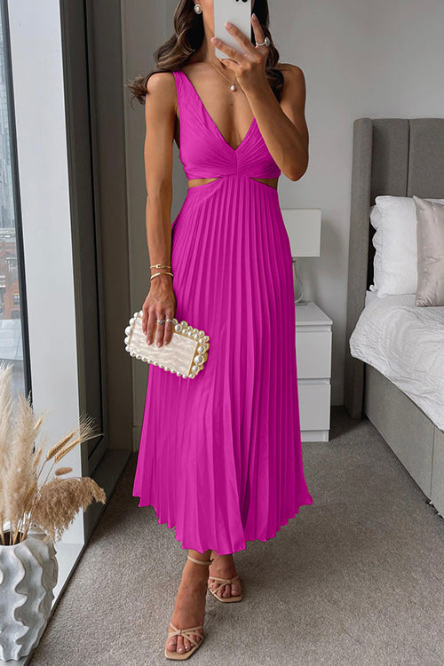 Liorane | Robe Midi Plissée Femme Décolleté Profond et Taille Découpée Élégante