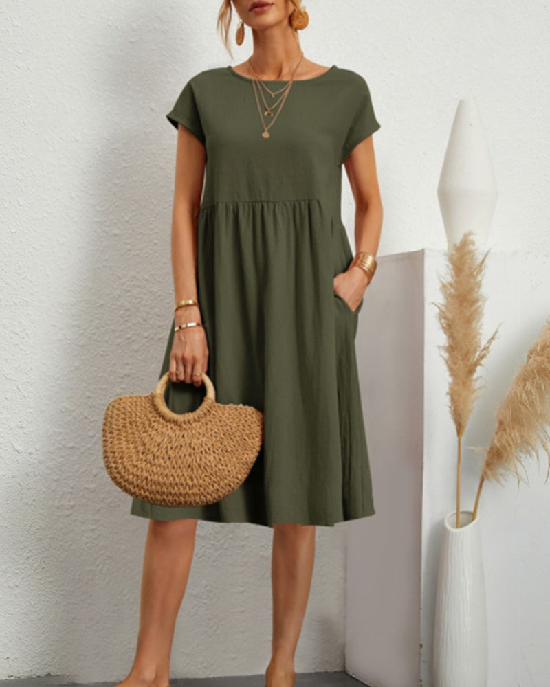Raphaëlle | Robe Midi Femme Confortable Col Rond Poches Latérales Couleur Unie
