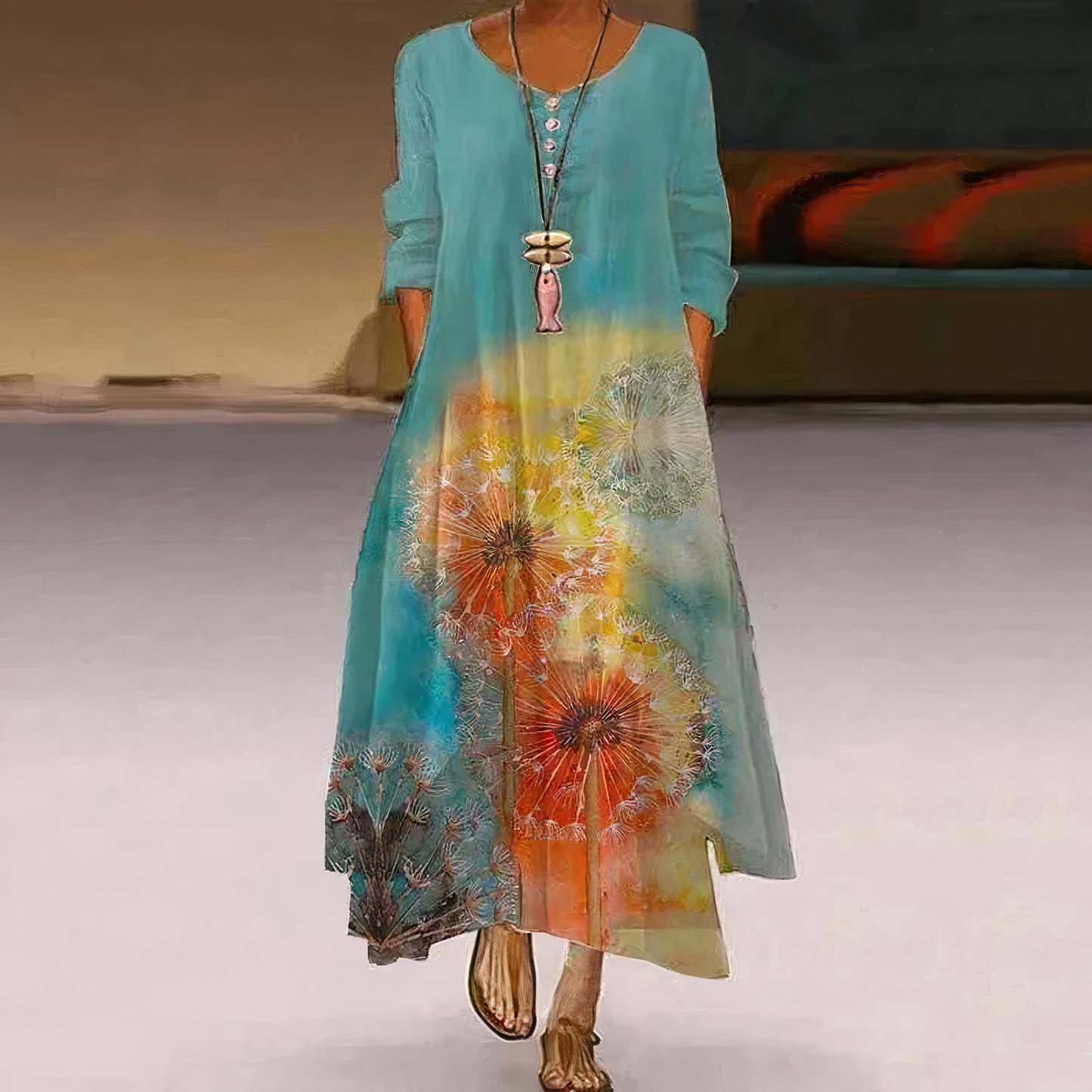 Saphirine | Robe Longue en Coton à Manches Longues – Imprimé Floral Élégant – Style Estival et Respirant