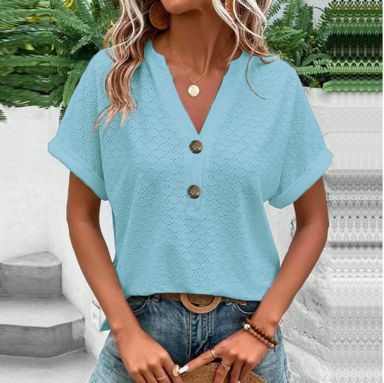 Ondine | Blouse Femme Été Décontractée – Manches Courtes, Col V, Tissu Texturé