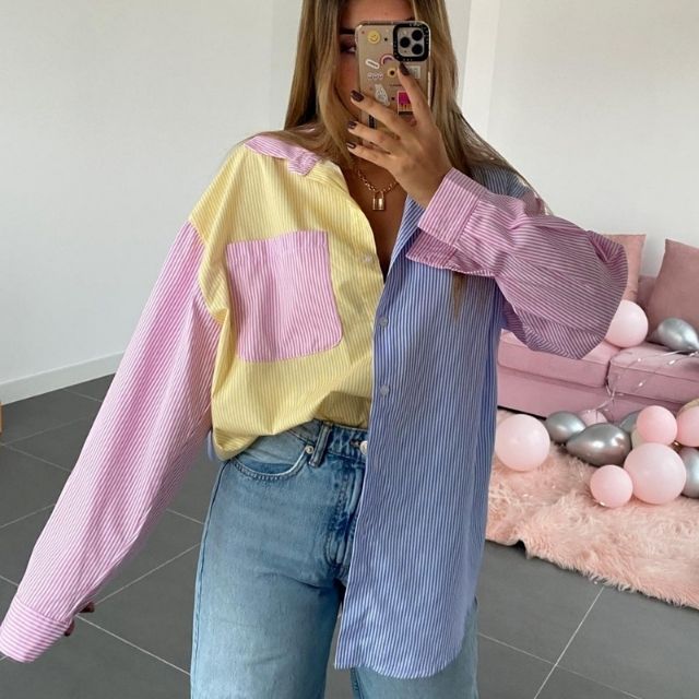 Sylvaine | Blouse Oversize Femme – Chemisier Rayé Multicolore à Manches Longues