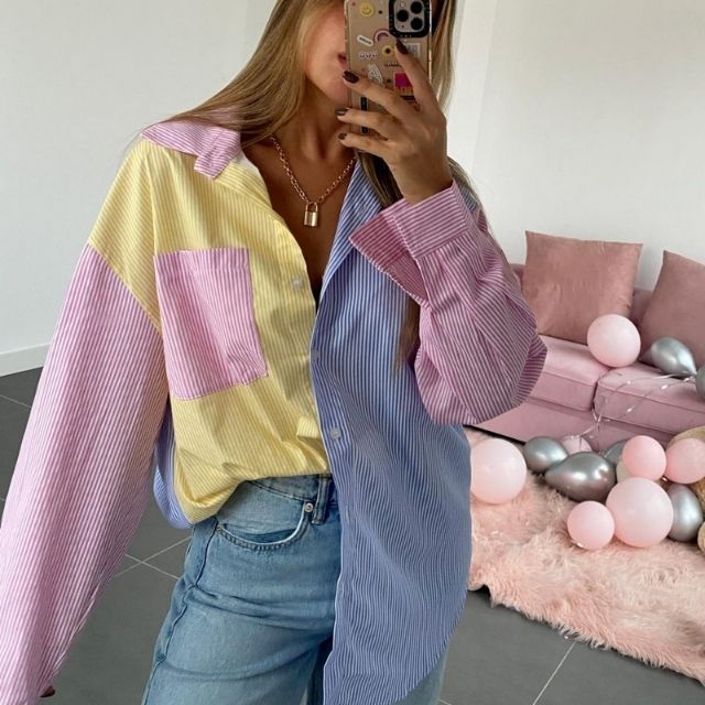 Sylvaine | Blouse Oversize Femme – Chemisier Rayé Multicolore à Manches Longues