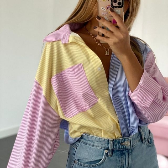 Sylvaine | Blouse Oversize Femme – Chemisier Rayé Multicolore à Manches Longues