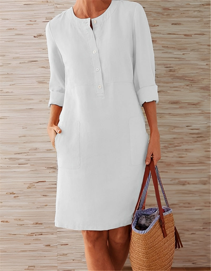 Myriam | Robe Décontractée Femme en Lin – Col Rond, Boutonnage Partiel & Poches Latérales
