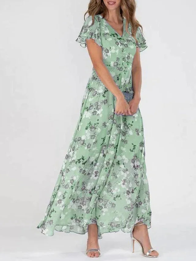 Océana | Robe Maxi à Volants Florale en Chiffon – Élégante et Aérée avec Col V pour Femme