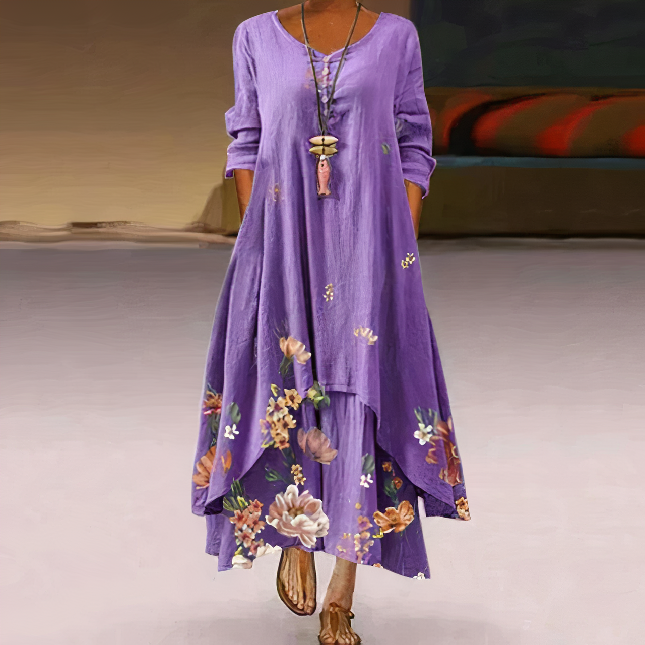 Saphirine | Robe Longue en Coton à Manches Longues – Imprimé Floral Élégant – Style Estival et Respirant