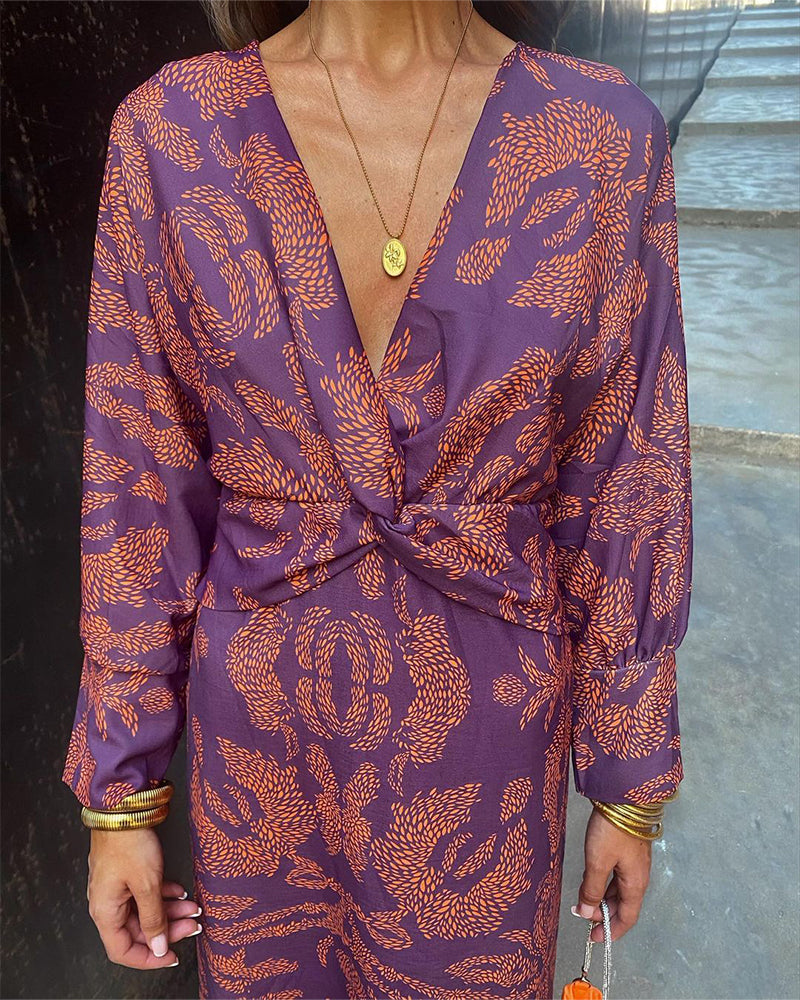 Coréna | Robe Longue Élégante Imprimé Vintage à Manches Longues pour Femme Chic