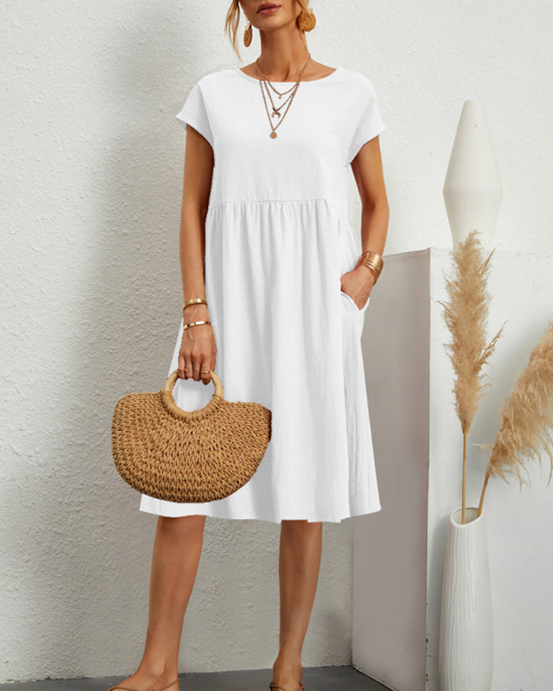 Raphaëlle | Robe Midi Femme Confortable Col Rond Poches Latérales Couleur Unie