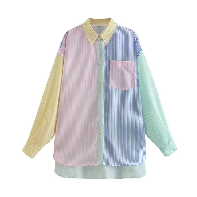 Sylvaine | Blouse Oversize Femme – Chemisier Rayé Multicolore à Manches Longues
