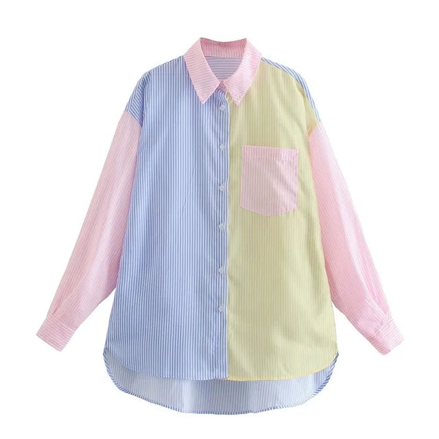 Sylvaine | Blouse Oversize Femme – Chemisier Rayé Multicolore à Manches Longues