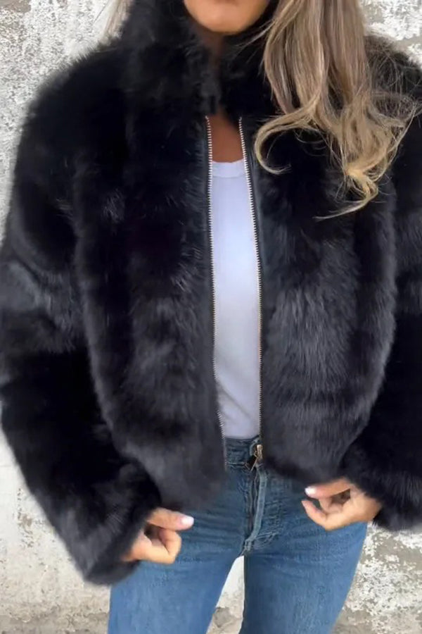 Béraldine | Veste Femme Mode en Fausse Fourrure à Col Montant et Fermeture Éclair