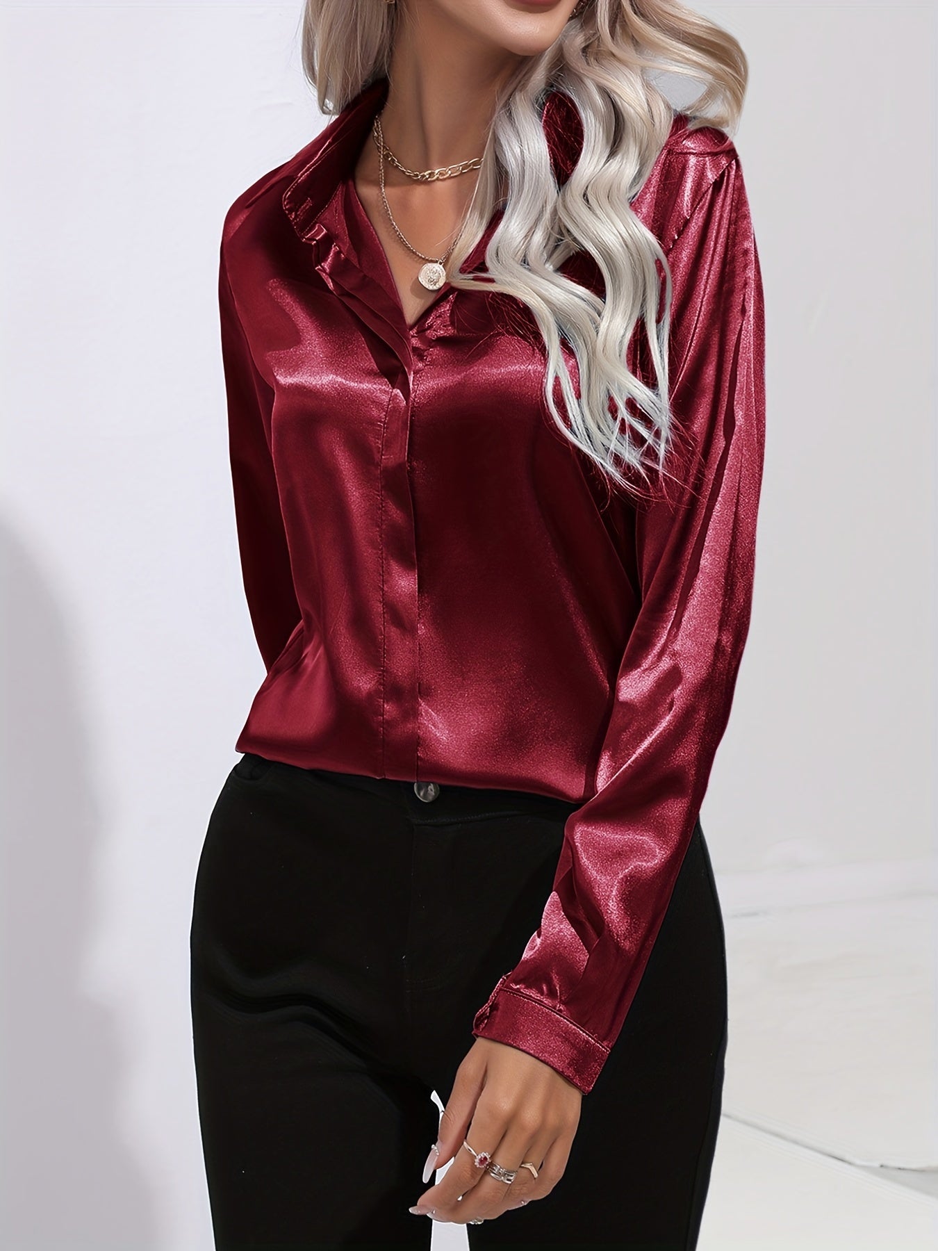 Ardeline | Blouse Satinée Femme Unie Col Revers Boutonnée Manches Longues