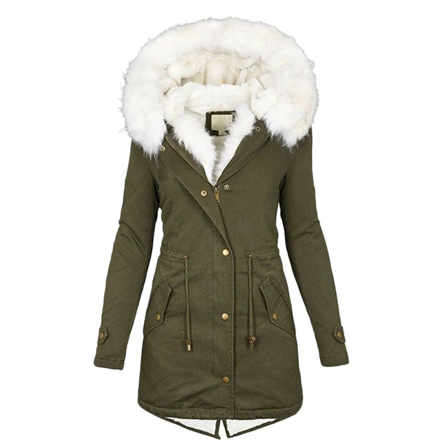 Calixte | Parka Femme Longue d’Hiver avec Capuche en Fourrure, Fermeture Éclair et Taille à Cordon