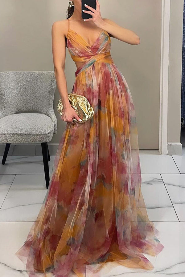 Malou | Robe Maxi Formelle Décolleté V Profond avec Liens au Dos, Taille Ouverte, Dégradé Multicolore Tulle A-ligne