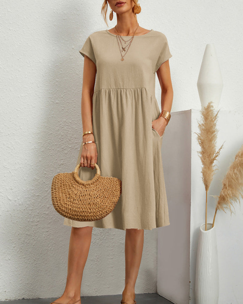 Raphaëlle | Robe Midi Femme Confortable Col Rond Poches Latérales Couleur Unie