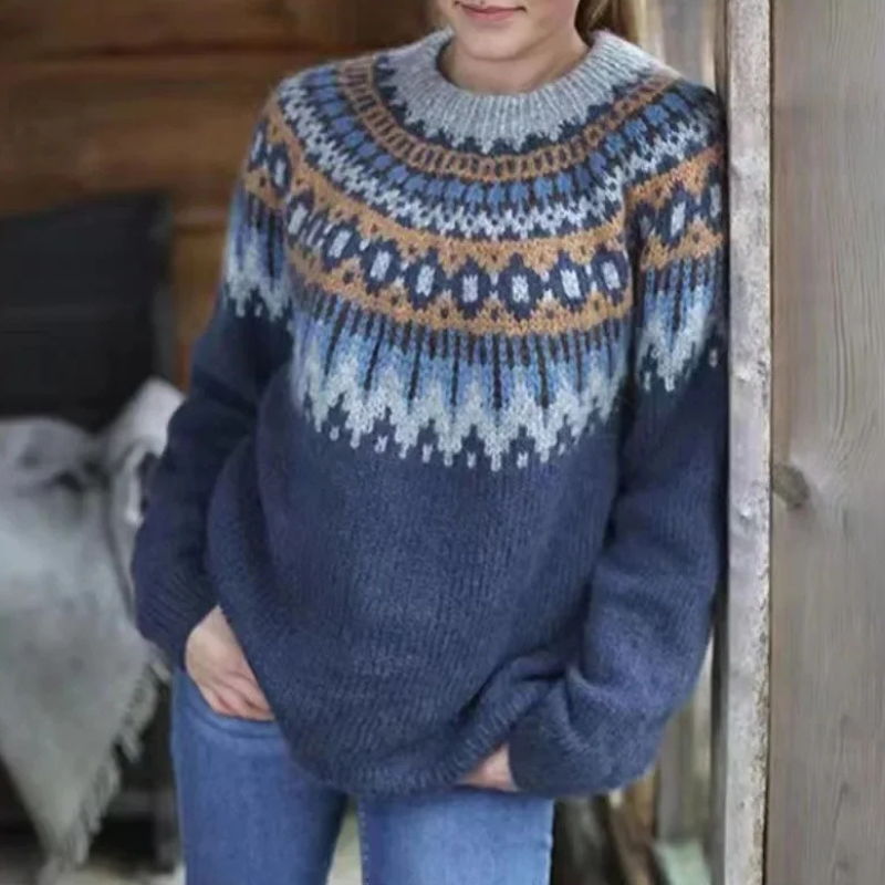 Aiméline | Pull Femme Hiver en Gros Tricot avec Motifs Tribaux & Col Rond