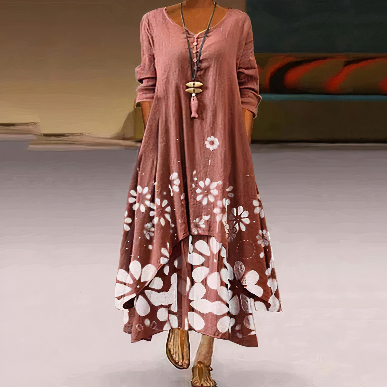 Saphirine | Robe Longue en Coton à Manches Longues – Imprimé Floral Élégant – Style Estival et Respirant