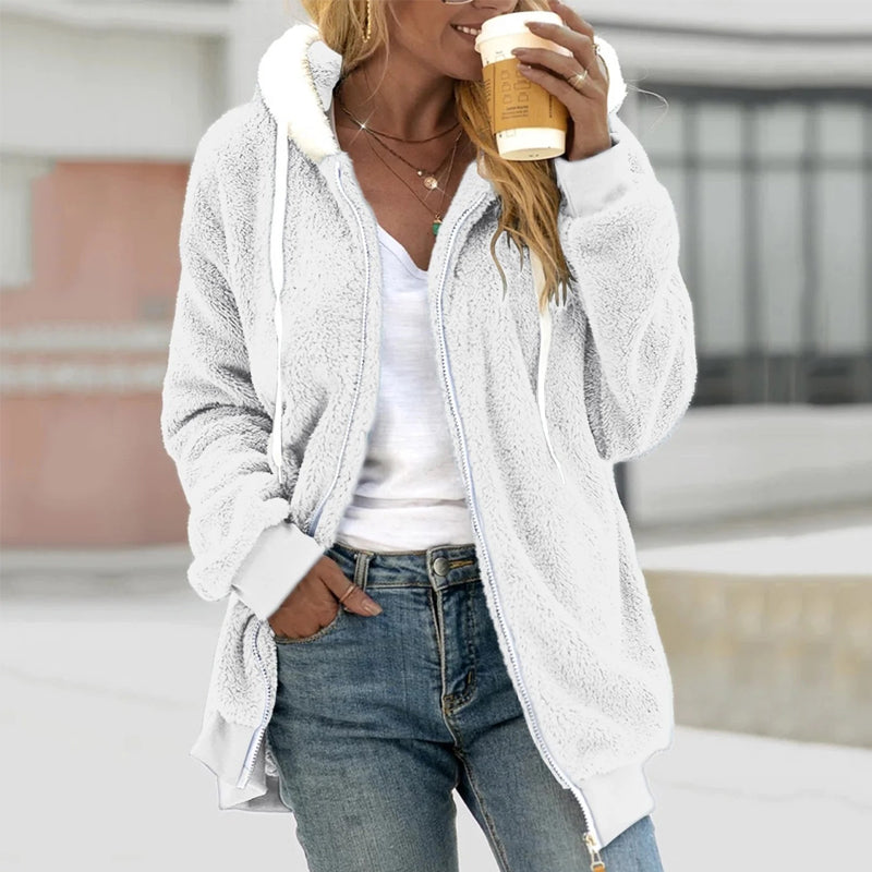 Edelise | Sweat à capuche femme en Teddy Douillet avec zip et cordon