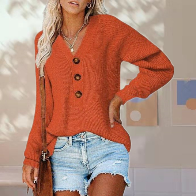 Euphrasie | Pull Femme Décontracté à Col V Boutonné en Maille Unie