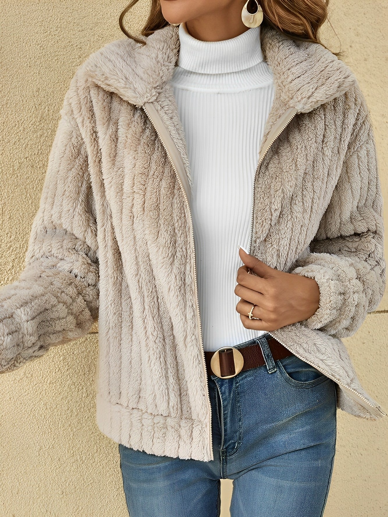 Estée | Teddy Jacket Femme Courte Zippée à Col Revers Chic et Confortable