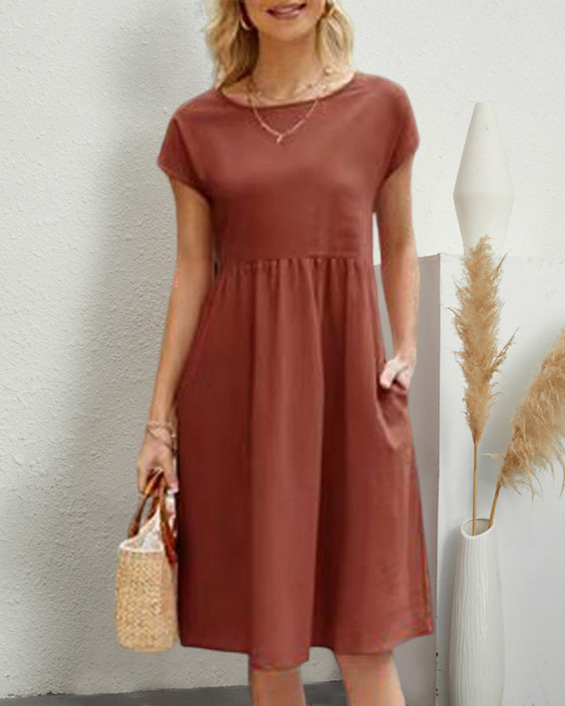 Raphaëlle | Robe Midi Femme Confortable Col Rond Poches Latérales Couleur Unie