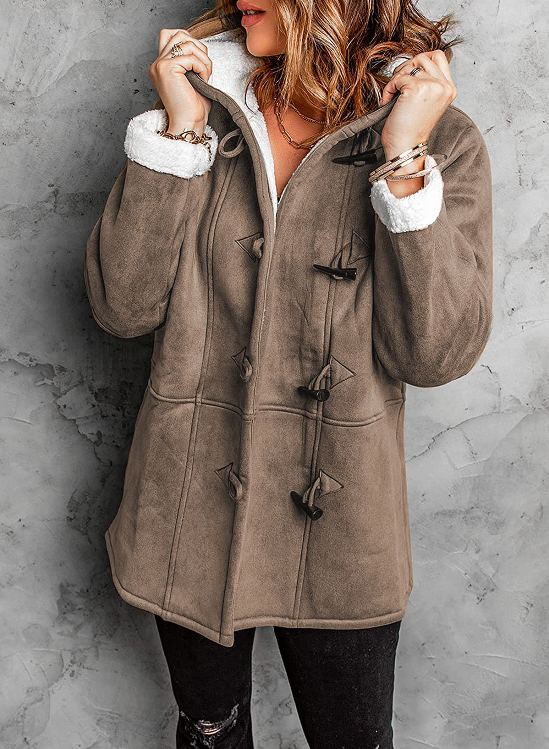 Vianne | Manteau Hiver Femme Effet Suédine avec Fermeture Brandebourgs, Capuche et Doublure Polaire Chaude