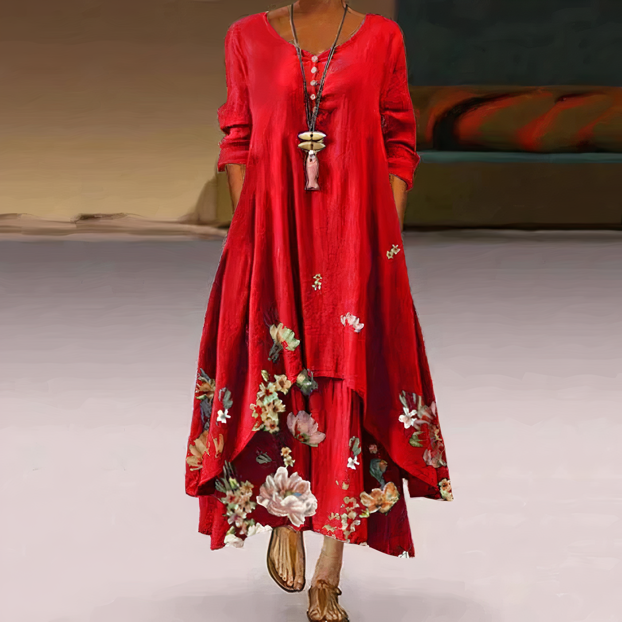 Saphirine | Robe Longue en Coton à Manches Longues – Imprimé Floral Élégant – Style Estival et Respirant