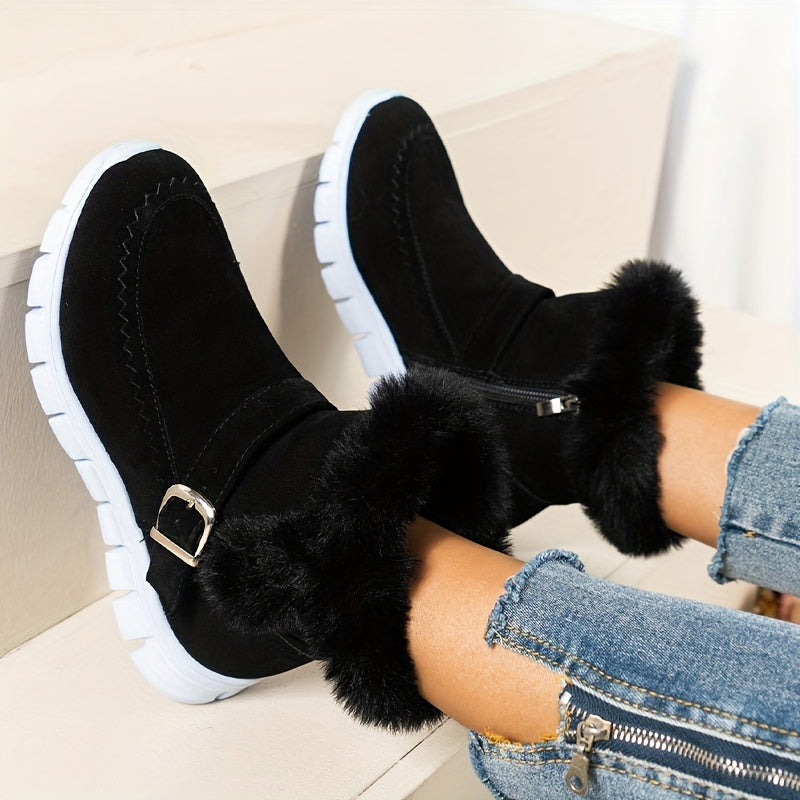 Atalée | Bottes Hiver Femme avec Fermeture Éclair Latérale, Détail Bride, Doublure Chaude & Fourrure Synthétique