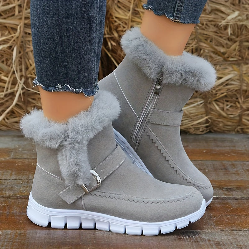 Atalée | Bottes Hiver Femme avec Fermeture Éclair Latérale, Détail Bride, Doublure Chaude & Fourrure Synthétique
