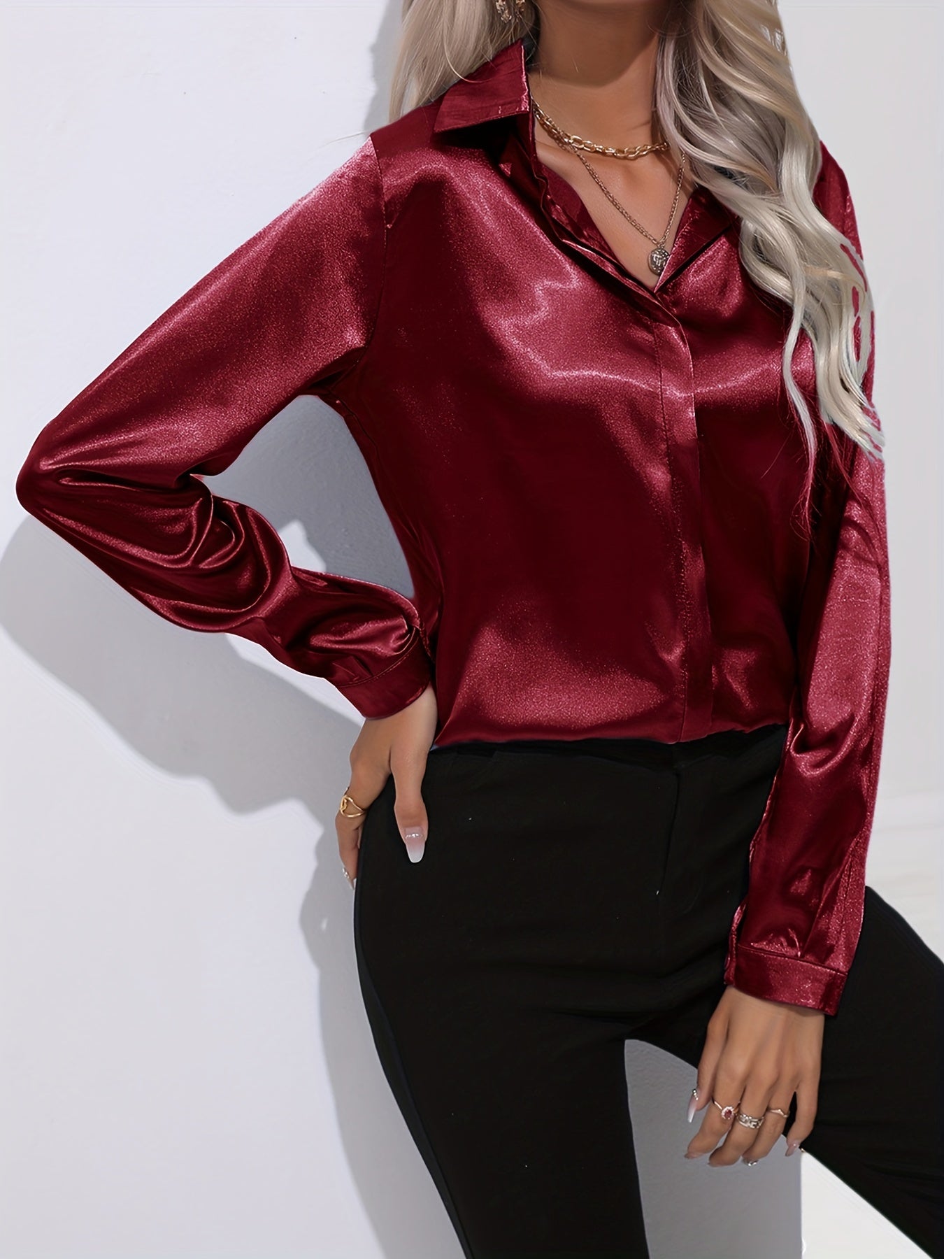 Ardeline | Blouse Satinée Femme Unie Col Revers Boutonnée Manches Longues