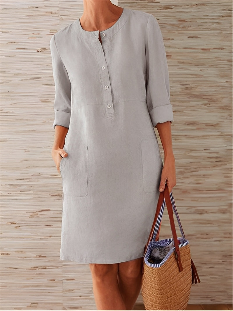 Myriam | Robe Décontractée Femme en Lin – Col Rond, Boutonnage Partiel & Poches Latérales