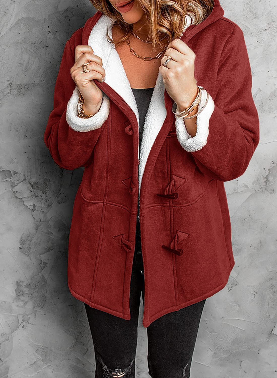 Vianne | Manteau Hiver Femme Effet Suédine avec Fermeture Brandebourgs, Capuche et Doublure Polaire Chaude