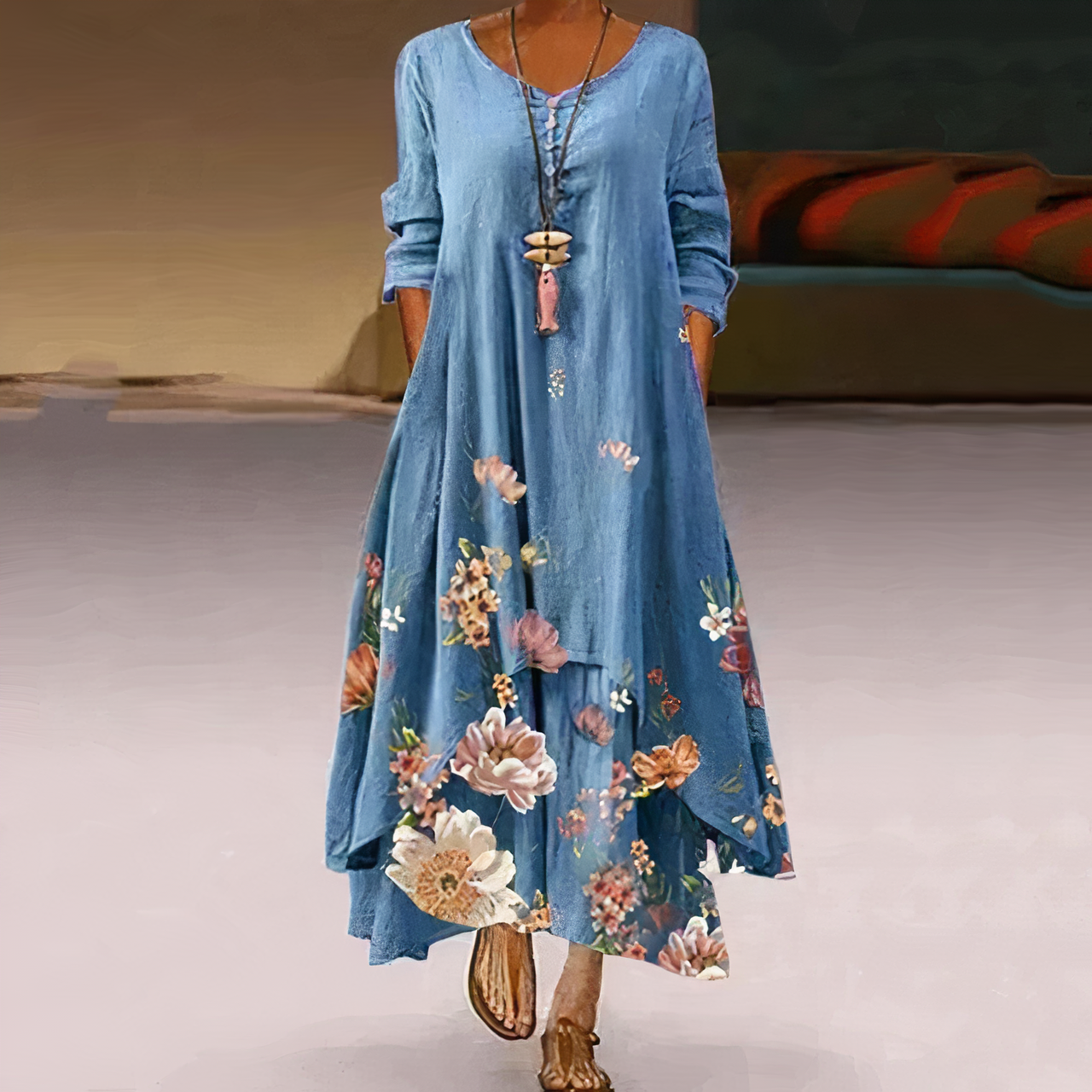 Saphirine | Robe Longue en Coton à Manches Longues – Imprimé Floral Élégant – Style Estival et Respirant