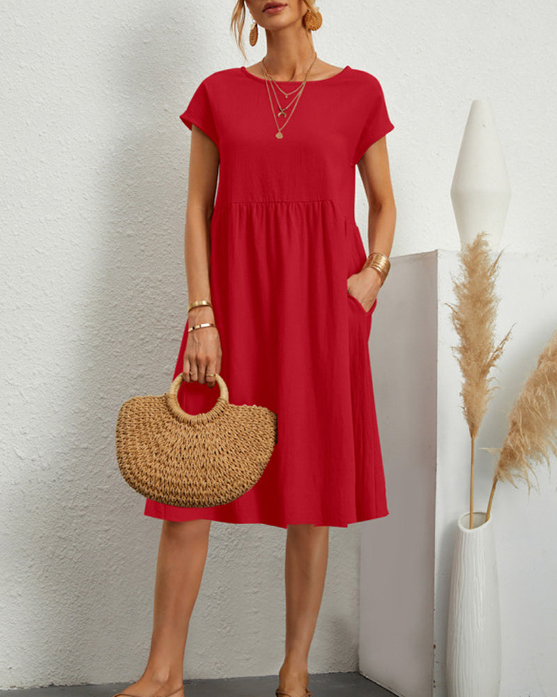 Raphaëlle | Robe Midi Femme Confortable Col Rond Poches Latérales Couleur Unie
