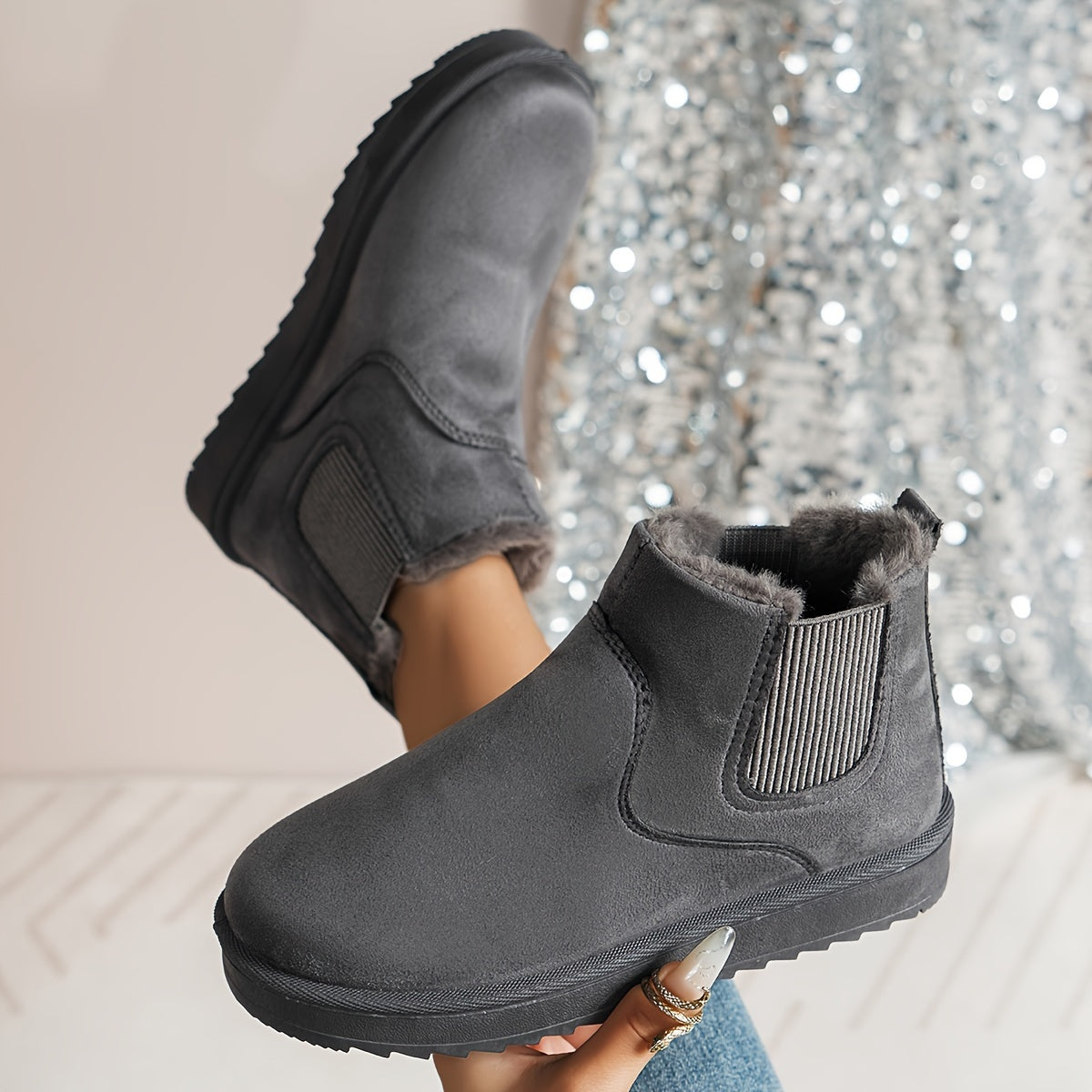 Audeline-Rose | Bottes Hiver Femme Slip-On avec Panneaux Élastiques & Doublure Chaude
