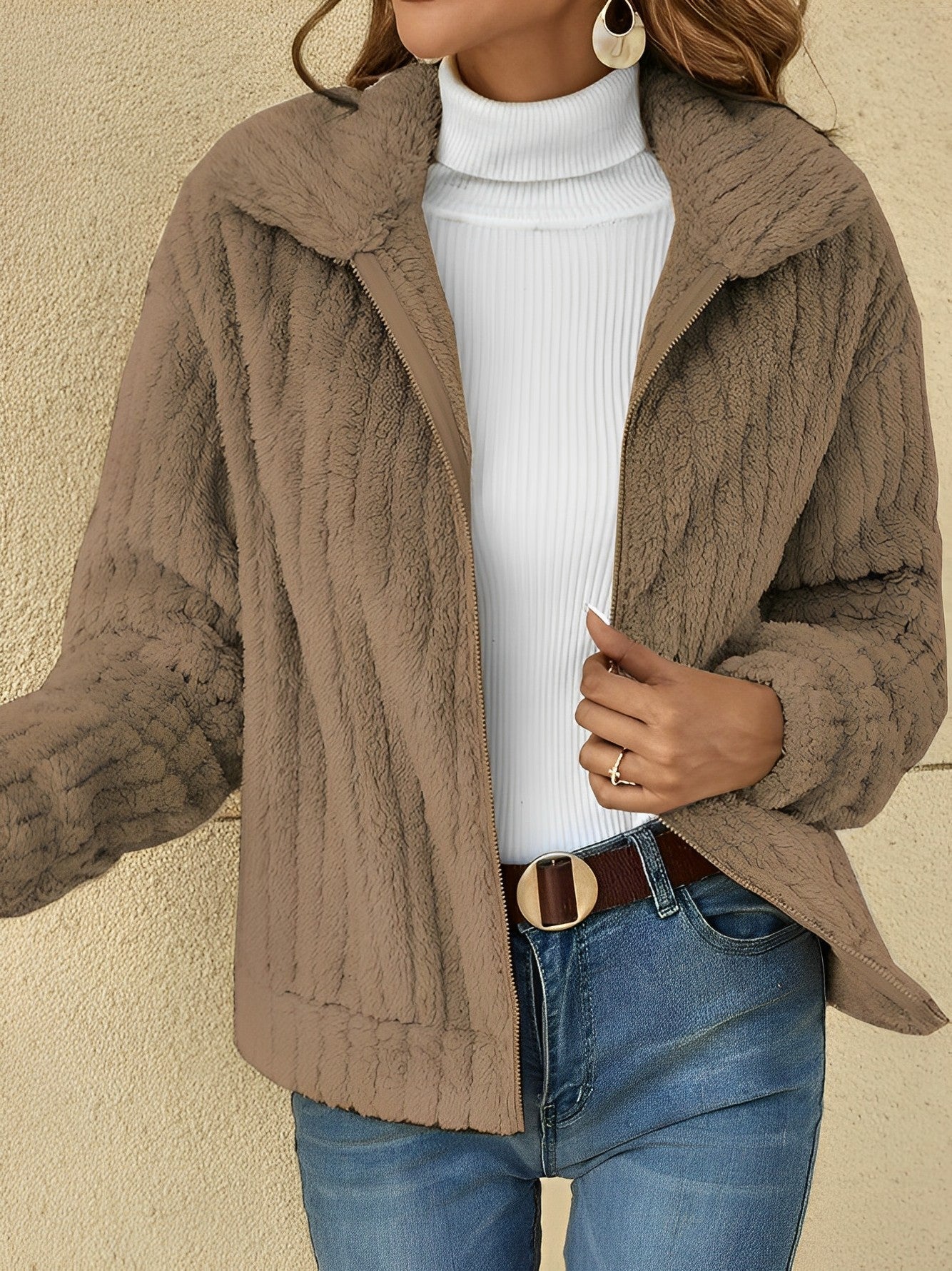 Estée | Teddy Jacket Femme Courte Zippée à Col Revers Chic et Confortable