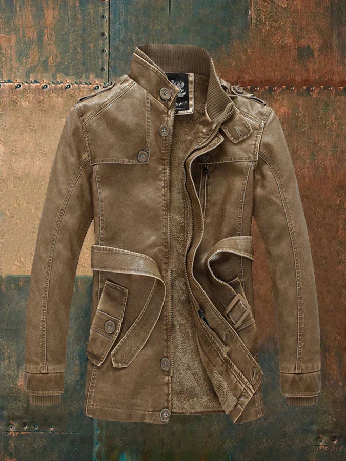Lucas | Veste Homme Vintage en Cuir avec Ceinture, Doublure Chaude et Boutons Classiques