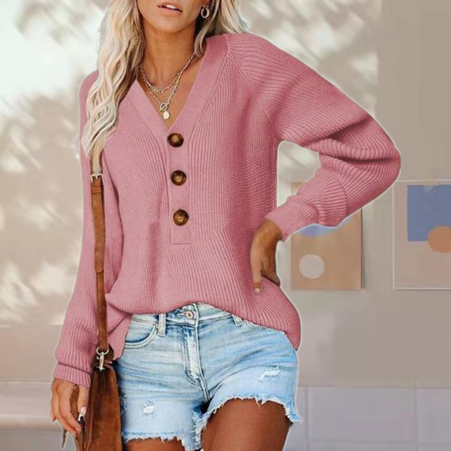 Euphrasie | Pull Femme Décontracté à Col V Boutonné en Maille Unie