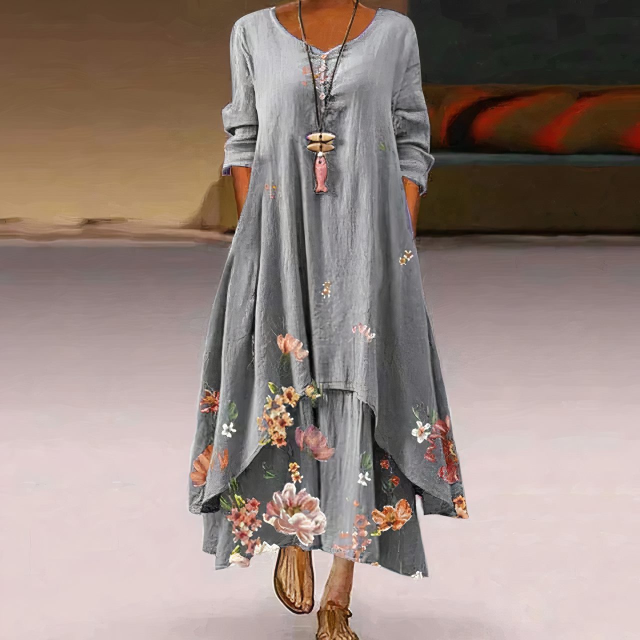 Saphirine | Robe Longue en Coton à Manches Longues – Imprimé Floral Élégant – Style Estival et Respirant