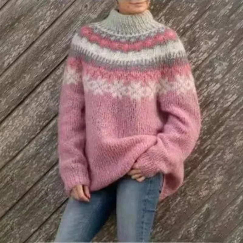 Aiméline | Pull Femme Hiver en Gros Tricot avec Motifs Tribaux & Col Rond